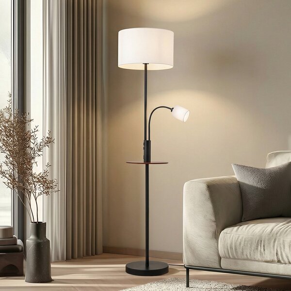 Lindby Stehlampe Aovan, μαύρο, ράφι, θύρα USB, Μαύρο, Σαλόνι / τραπεζαρία, Μέταλλο, σύγχρονο, Φως ανάγνωσης