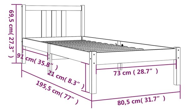 VidaXL Πλαίσιο Κρεβατιού Γκρι 75 x 190 εκ. από Μασίφ Ξύλο Small Single