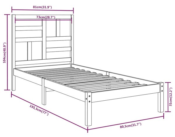 VidaXL Πλαίσιο Κρεβατιού Μαύρο 75 x 190εκ. από Μασίφ Ξύλο Small Single