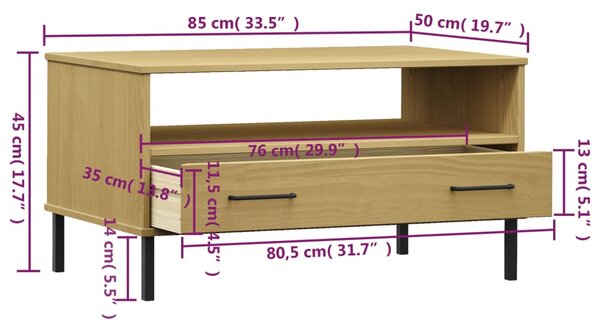 VidaXL Τραπεζάκι Σαλονιού OSLO Καφέ 85x50x45 εκ. Μασίφ Ξύλο Μετ. Πόδια