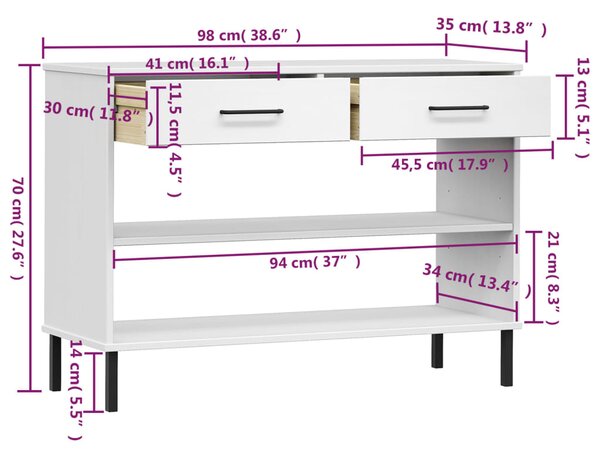 VidaXL Κομοδίνο OSLO Λευκό από Μασίφ Ξύλο Πεύκου με Μεταλλικά Πόδια