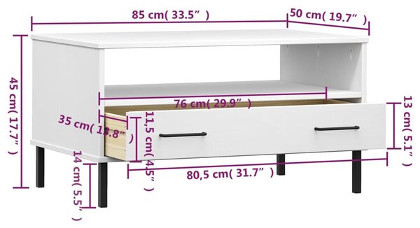 VidaXL Τραπεζάκι Σαλονιού OSLO Λευκό 85x50x45 εκ Μασίφ Ξύλο Μετ. Πόδια