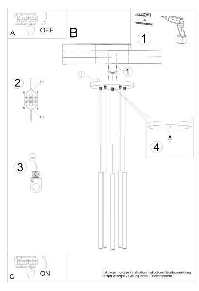 Sollux SL.1176 - Πολύφωτο με συρματόσχοινο PASTELO 5xG9/8W/230V μαύρο