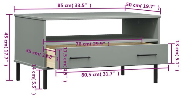 VidaXL Τραπεζάκι Σαλονιού OSLO Γκρι 85x50x45 εκ. Μασίφ Ξύλο Μετ. Πόδια