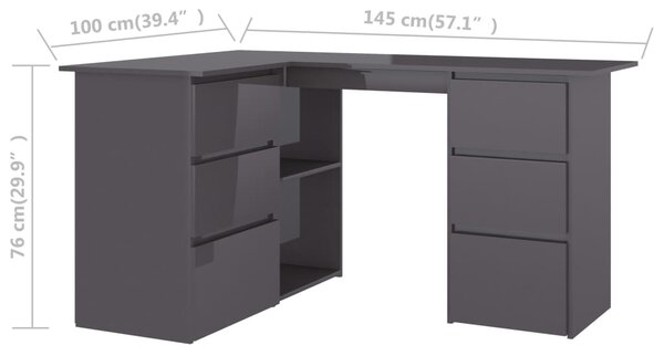 VidaXL Γραφείο Γωνιακό Γυαλιστερό Γκρι 145x100x76 εκ. από Επεξ. Ξύλο