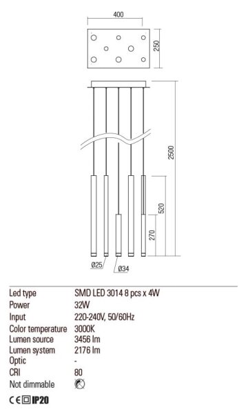 Redo 01-2049 - Πολύφωτο LED με συρματόσχοινο MADISON 8xLED/4W/230V γυαλιστερό χρώμιο/μαύρο/χαλκός