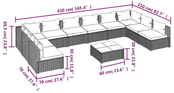 VidaXL Σαλόνι Κήπου Σετ 11 Τεμαχίων Καφέ Συνθετικό Ρατάν με Μαξιλάρια