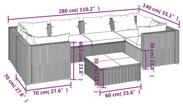 VidaXL Σαλόνι Κήπου Σετ 7 Τεμαχίων Μαύρο Συνθετικό Ρατάν με Μαξιλάρια