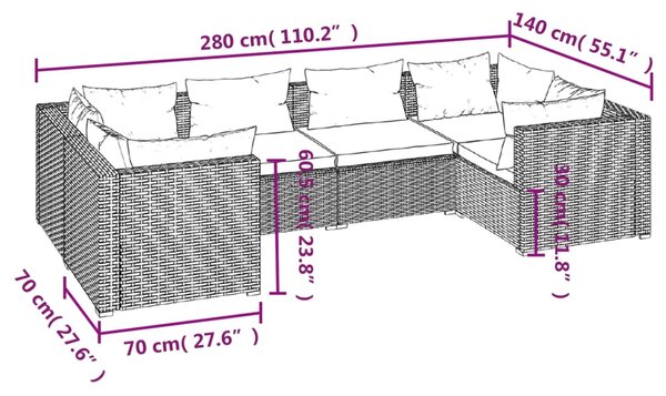 VidaXL Σαλόνι Κήπου Σετ 6 Τεμαχίων Καφέ Συνθετικό Ρατάν με Μαξιλάρια