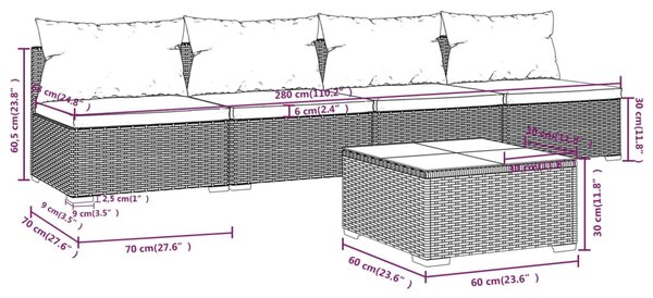 VidaXL Σαλόνι Κήπου 5 Τεμαχίων Καφέ από Συνθετικό Ρατάν με Μαξιλάρια