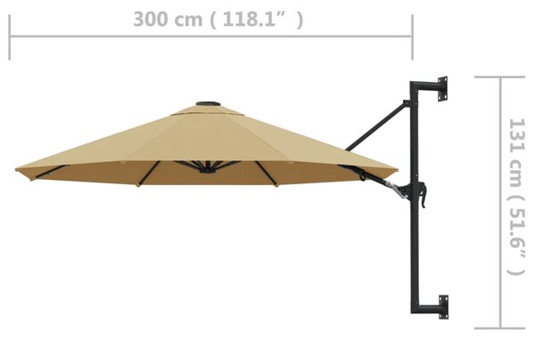 VidaXL Ομπρέλα Τοίχου Χρώμα Taupe 300 εκ. με Μεταλλικό Ιστό