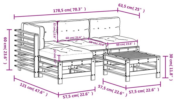 VidaXL Σαλόνι Κήπου Σετ 5 Τεμαχίων με Μαξιλάρια Μαύρο από Μασίφ Ξύλο