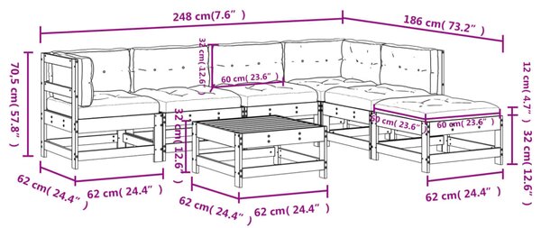 VidaXL Σαλόνι Κήπου Σετ 7 Τεμαχίων Μαύρο από Μασίφ Ξύλο με Μαξιλάρια