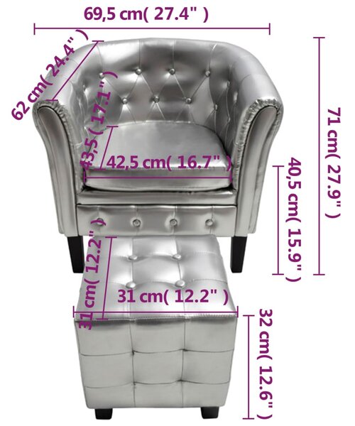 VidaXL Πολυθρόνα Μπάρελ Ασημί από Συνθετικό Δέρμα με Υποπόδιο