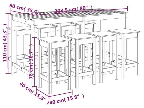 VidaXL Έπιπλα Μπαρ Κήπου Σετ 9 Τεμαχίων Μαύρο από Μασίφ Ξύλο Πεύκου