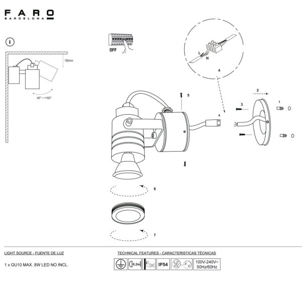 FARO 70260 - Φως τοίχου εξωτερικού χώρου LIT 1xGU10/8W/230V IP54