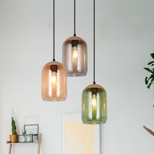 Trio Lighting Κρεμαστό φωτιστικό φελλού, πολύχρωμο, Ø 30 cm, 3-φωτιστικό, γυαλί/φελλός, ρυθμιζόμενος, Πολύχρωμο, Σαλόνι / τραπεζαρία, Γυαλί, σύγχρονο