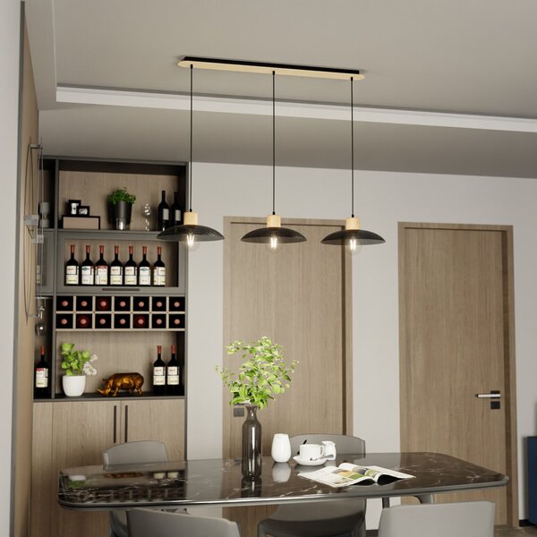 EMIBIG LIGHTING Κρεμαστό φωτιστικό Kobe, τριπλό, ατσάλι, ξύλο, μαύρο, ρυθμιζόμενος, Μαύρο, Σαλόνι / τραπεζαρία, Μέταλλο