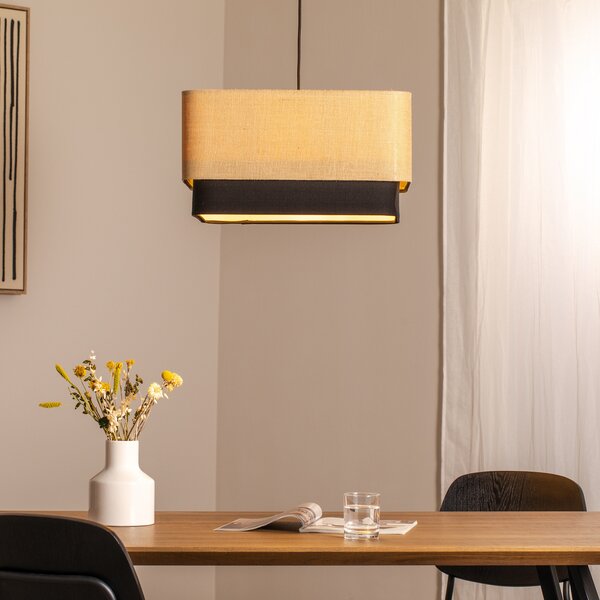 Maco Design Kwadro Duo κρεμαστό φωτιστικό, μαύρο/μπεζ, 50x50cm, γιούτα/σατέν, ρυθμιζόμενος, Μπεζ, Σαλόνι / τραπεζαρία, Ύφασμα / Κλωστοϋφαντουργία