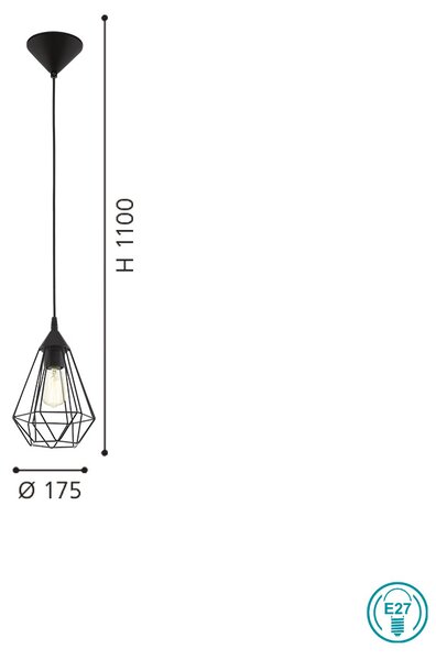 Φωτιστικό Κρεμαστό Vintage Industrial EGLO TARBES 94187 D175mm, Μαύρο
