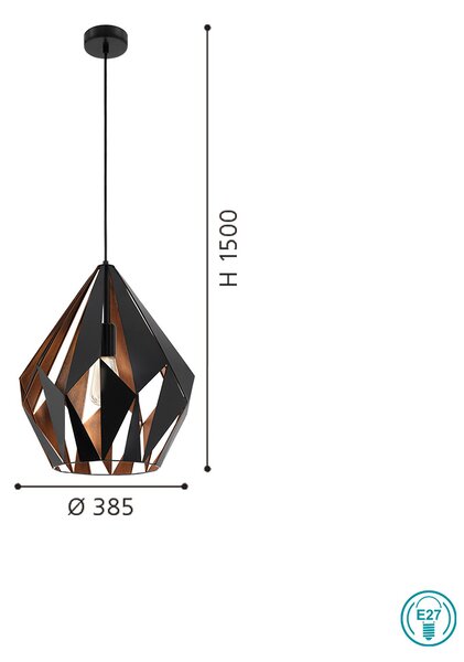 Φωτιστικό Κρεμαστό Vintage Industrial EGLO CARLTON 1 49878, D385mm, Μαύρο με Χαλκό