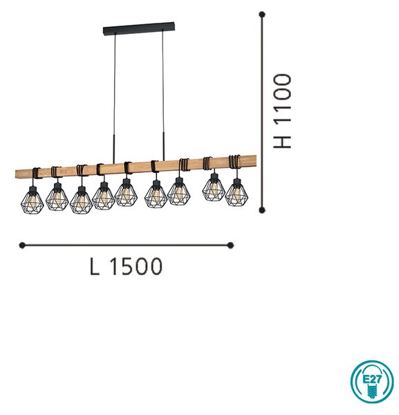 Φωτιστικό Κρεμαστό Ράγα Vintage Industrial Eglo Townshend 5 43134 (new 44077) Μαύρο
