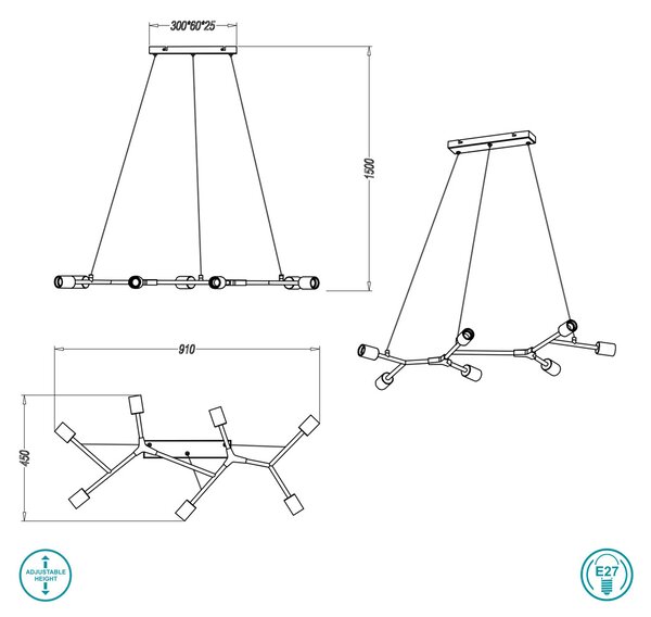 Φωτιστικό Κρεμαστό Ράγα Trio Lighting Cross 306700732 Μαύρο Ματ με Χρυσό Ματ