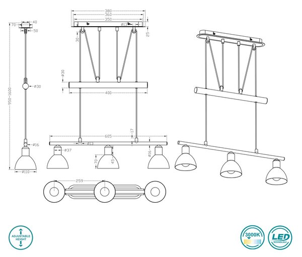 Κρεμαστό Φωτιστικό Trio Lighting Levisto 371010307 Νίκελ Ματ