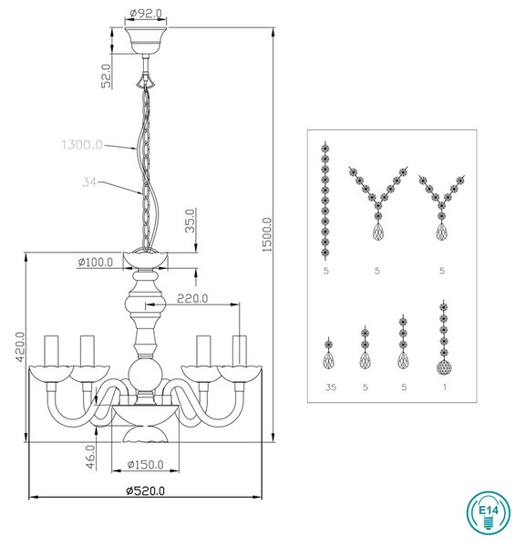 Φωτιστικό Πολυέλαιος RL Lighting Luster R1107-06 Χρώμιο