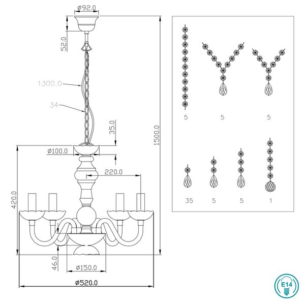 Φωτιστικό Πολυέλαιος RL Lighting Luster R1107-00 Διάφανος