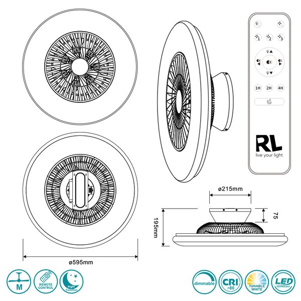 Ανεμιστήρας Οροφής RL Lighting Visby R62402106 Χρώμιο-Λευκός με Φως