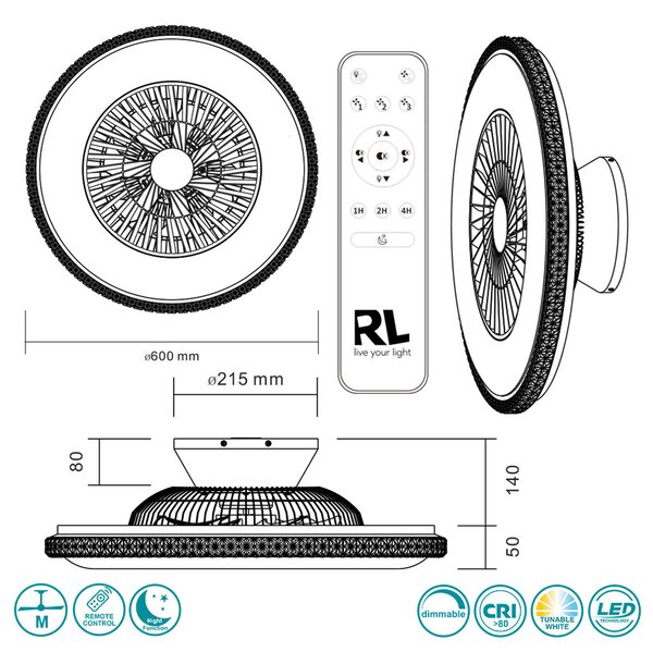 Ανεμιστήρας Οροφής RL Lighting Harstad R62412106 Χρώμιο-Λευκός με Φως