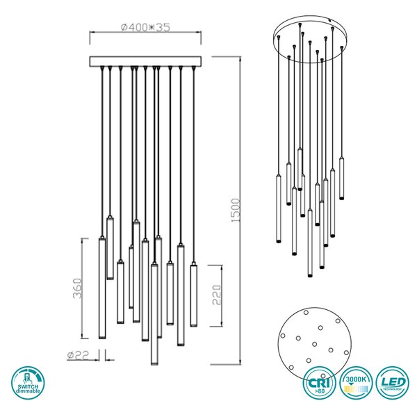 Φωτιστικό Κρεμαστό Trio Lighting Tubular 321691132 Μαύρο Ματ