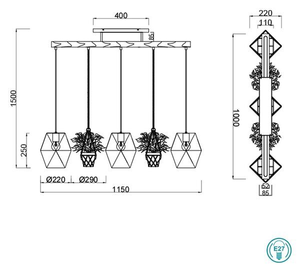 Φωτιστικό Κρεμαστό Ράγα Trio Lighting Plant 301000367 Ξύλο - Νίκελ Αντικέ