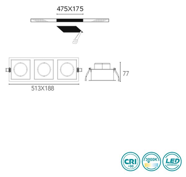 Φωτιστικό Σποτ Χωνευτό Intec Apollo-3X30C 8031440360845 (3000K)