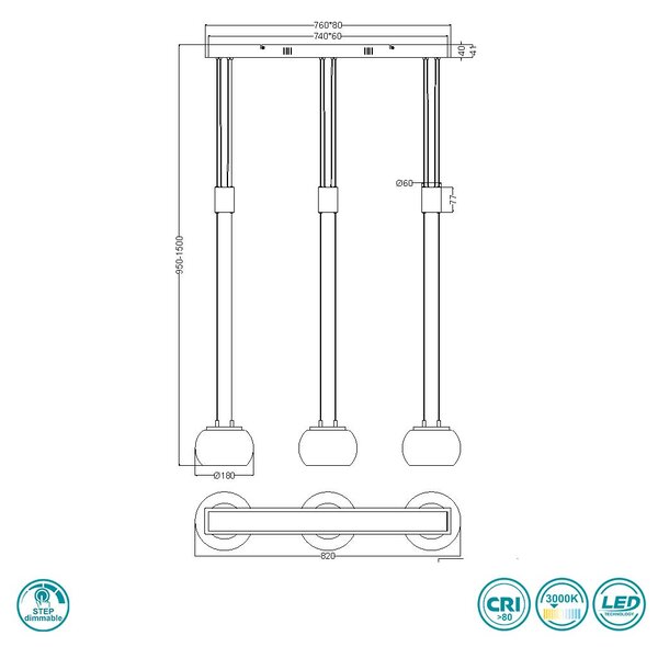 Φωτιστικό Κρεμαστό Trio Lighting Madison 342010332 Μαύρο Ματ