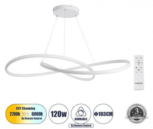 Κρεμαστό Φωτιστικό LED CCT 120W Φ103cm Αλουμίνιο Dimmable Globostar 60918 Λευκό