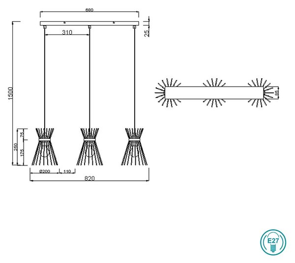 Φωτιστικό Κρεμαστό Ράγα Vintage Industrial RL Lighting Rod R31533080 Μαύρο Ματ