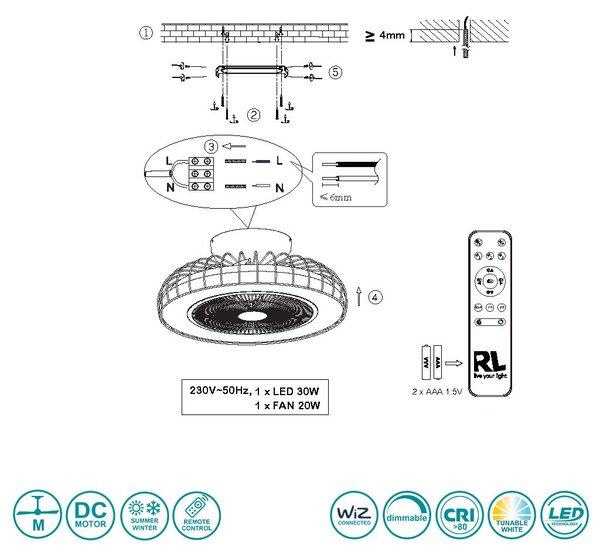 Ανεμιστήρας Οροφής RL Lighting Sandfjord R64122106 Χρώμιο με Φως Smart