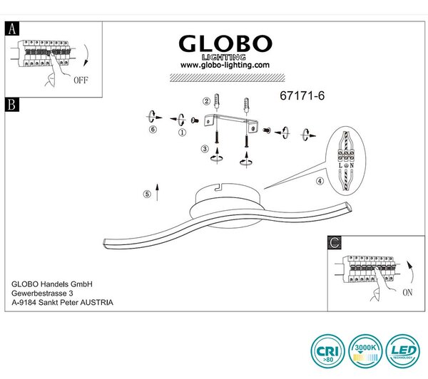 Φωτιστικό Οροφής Globo Lighting Evita 67171-6 Μαύρο Ματ και Απομίμηση Ξύλου