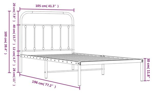 VidaXL Πλαίσιο Κρεβατιού με Κεφαλάρι Μαύρο 100 x 190 εκ. Μεταλλικό