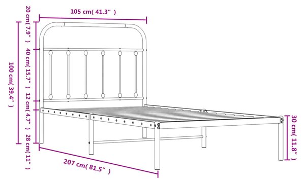 VidaXL Πλαίσιο Κρεβατιού με Κεφαλάρι Μαύρο 100 x 200 εκ. Μεταλλικό