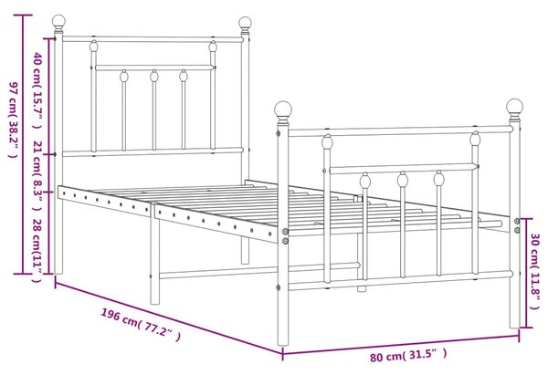 VidaXL Πλαίσιο Κρεβατιού με Κεφαλάρι&Ποδαρικό Μαύρο 75x190 εκ. Μέταλλο