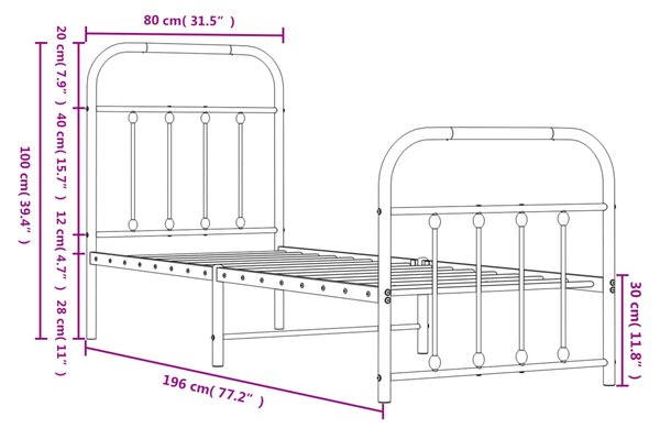 VidaXL Πλαίσιο Κρεβατιού με Κεφαλάρι/Ποδαρικό Λευκό 75x190 εκ. Μέταλλο