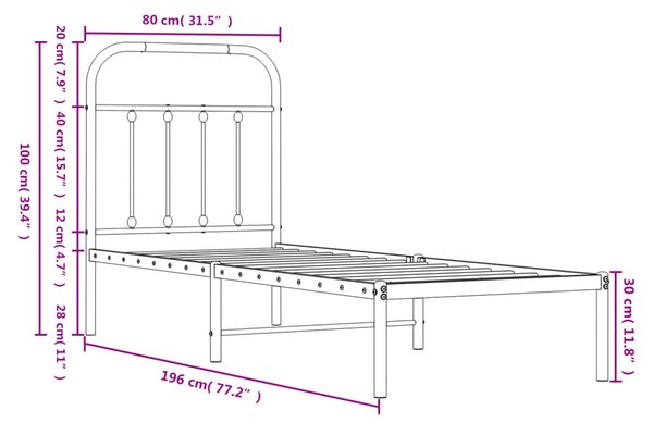 VidaXL Πλαίσιο Κρεβατιού με Κεφαλάρι Μαύρο 75 x 190 εκ. Μεταλλικό