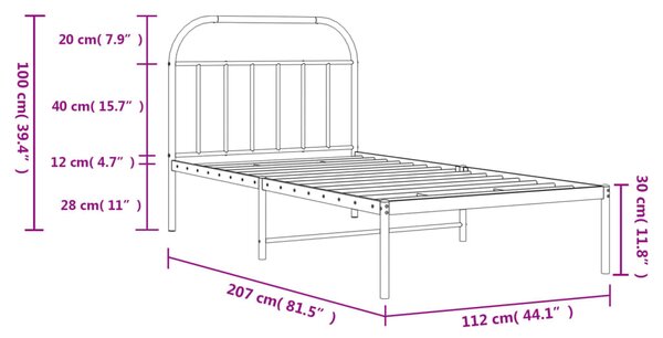 VidaXL Πλαίσιο Κρεβατιού με Κεφαλάρι Μαύρο 107 x 203 εκ. Μεταλλικό