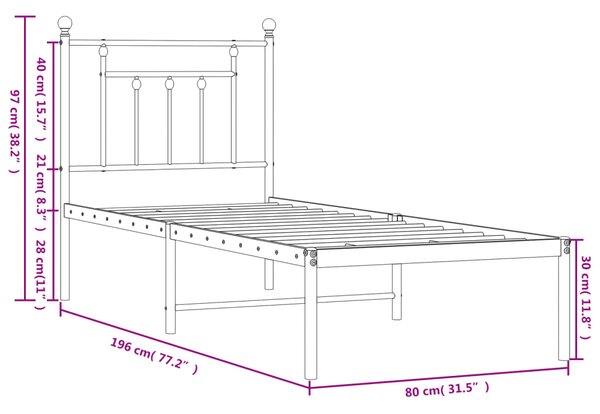 VidaXL Πλαίσιο Κρεβατιού με Κεφαλάρι Μαύρο 75 x 190 εκ. Μεταλλικό