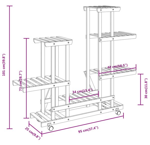 VidaXL Βάση Λουλουδιών Τροχήλατη 95x25x101 εκ. από Μασίφ Ξύλο Ελάτης