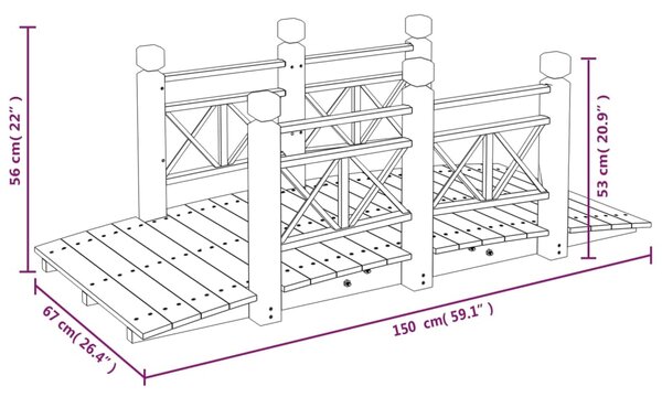 VidaXL Γέφυρα Κήπου με Κάγκελα 150x67x56 εκ. Μασίφ Ξύλο Ερυθρελάτης