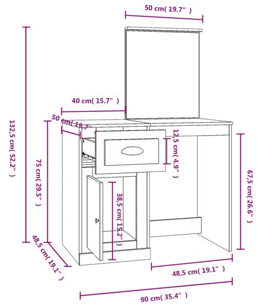 VidaXL Μπουντουάρ με Καθρέφτη Γυαλ. Λευκό 90x50x132,5 εκ. Επεξ. Ξύλο